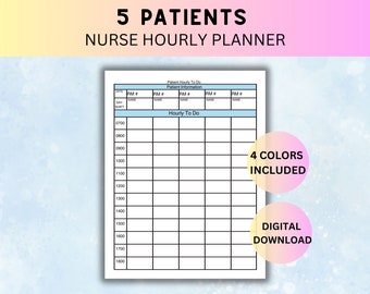 Planificateur horaire pour faire le quart de travail de l'infirmière, feuille de rapport de soins infirmiers pour 5 patients, feuille de rapport d'infirmière de soins intensifs, feuille de médicaments d'infirmière, feuille de cerveau d'infirmière