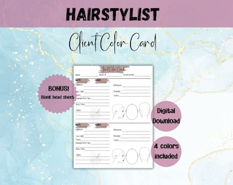Könnte beinhalten: Eine druckbare Kundenfarbkarte für Friseure. Die Karte enthält Abschnitte für Datum, Preis, Notizen und eine leere Kopf-Silhouette für Farbanmerkungen. Der Text "Client Color Card" befindet sich oben auf der Seite. Der Text "Bonus! Blank head sheet" befindet sich in einem Kreis unten links auf der Seite. Der Text "Digitaler Download" befindet sich in einem Kreis unten rechts auf der Seite. Der Text "4 Farben enthalten" befindet sich in einem Kreis unter dem Text "Digitaler Download".