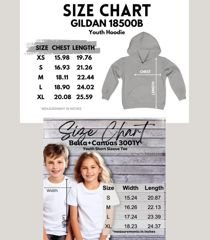 K&ouml;nnte beinhalten: Gr&ouml;&szlig;entabelle f&uuml;r den Gildan 18500B Kinder-Hoodie und das Bella+Canvas 3001Y Kinder-T-Shirt mit kurzen &Auml;rmeln. Ma&szlig;e in cm f&uuml;r Brust, L&auml;nge und Breite. Der Hoodie ist grau, die T-Shirts sind wei&szlig;.