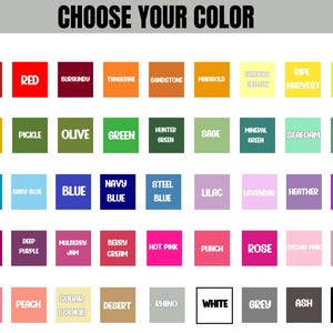 K&ouml;nnte beinhalten: Eine Farbkarte mit dem Text "CHOOSE YOUR COLOR" oben. Die Karte zeigt ein Raster von Farbfeldern, die jeweils mit einem Farbnamen in wei&szlig;em Text beschriftet sind. Zu den Farben geh&ouml;ren Ziegel, Rot, Burgunder, Tangerine und mehr.