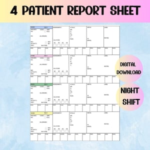 Nurse report sheet Night shift, 4 patient medsurg NOC shift nurse report sheet, nurse brain sheet, medsurg RN handoff tool, SBAR rn report