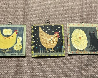 2nd Lot Of 3 Barbara Strawser Chicken Paintings on Wood Board