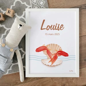 Personalisiertes Baby-Geburtsplakat - Vorname und Datum - Goldfisch & Muschel - Aquarell-Illustration - Kinderzimmer-Dekoration