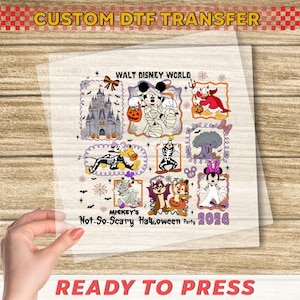 May include: A DTF transfer sheet with a Halloween theme, showcasing Disney characters and icons. The design includes Mickey Mouse, Donald Duck, and Chip and Dale in Halloween costumes, with text that reads "WALT DISNEY WORLD", "MICKEY'S Not-So-Scary Halloween Party 2026", and "READY TO PRESS".