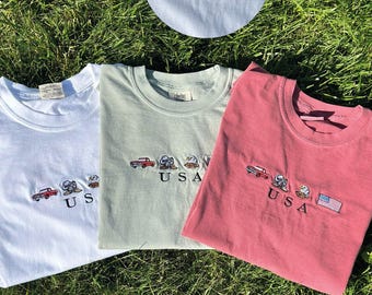 USA Embroidery Shirt United States America Flag Cowboy Boot, Cowboy Hat Cowgirl Truck Jeep Eagle gift July 4th Gift  USA Flag Shirt