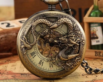 Dragon Mechanical Pocket Watch Antique Bronze Skeleton Hand-Wind Flip Clock Punk Fob Watches with Chain Gift for Men Women 2024 New Time