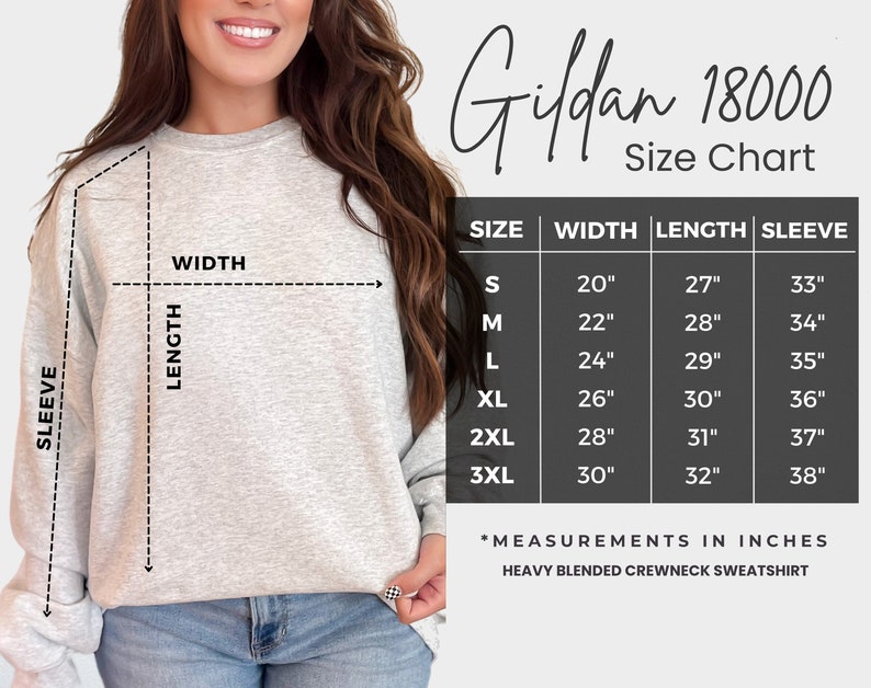 Puede incluir: Tabla de tallas Gildan 18000 para una sudadera de cuello redondo de mezcla pesada. La tabla muestra las medidas en pulgadas para el ancho, la longitud y la longitud de la manga para las tallas S, M, L, XL, 2XL y 3XL.