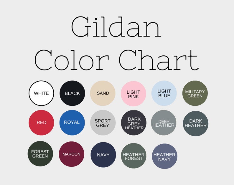 Puede incluir: Carta de colores Gildan con 16 muestras de colores. Los colores incluyen blanco, negro, arena, rosa claro, azul claro, verde militar, rojo, azul real, gris deportivo, gris oscuro jaspeado, azul oscuro jaspeado, oscuro jaspeado, verde bosque, granate, azul marino, bosque jaspeado y azul marino jaspeado.