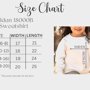 Puede incluir: Tabla de tallas para sudaderas Gildan 18000B, que muestra las medidas de ancho y largo en pulgadas para las tallas S (6-8), M (10-12), L (14-16) y XL (18-20).