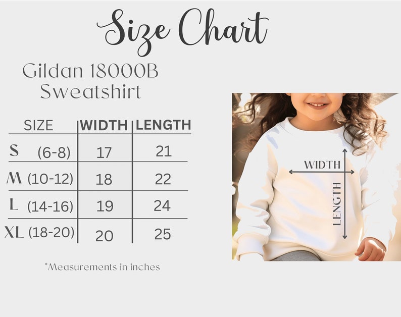 Puede incluir: Tabla de tallas para sudaderas Gildan 18000B, que muestra las medidas de ancho y largo en pulgadas para las tallas S (6-8), M (10-12), L (14-16) y XL (18-20).