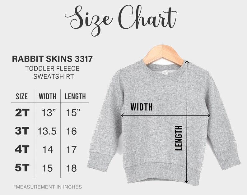 Puede incluir: Tabla de tallas para una sudadera de forro polar para ni&ntilde;os peque&ntilde;os en tallas 2T, 3T, 4T y 5T. La tabla muestra las medidas de ancho y largo en pulgadas.