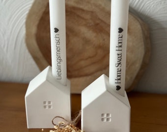 white candle holder 2 pieces, white house, candlestick house, candle labeled