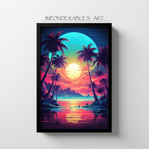Digital Sunset, Retrowave Digital Print, Colorful Wall Decor, Palms, Poster Design, Download, Synthwave Concept Graphic Painting Fashion