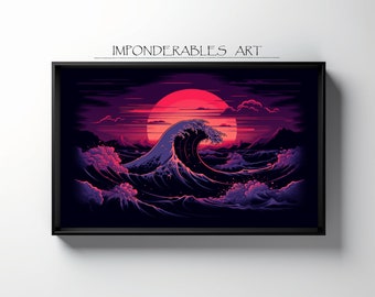 Ocean Retrowave, Vaporwave Digital Print, Colorful Wall Decor, Sea Synthwave Poster Design, Download Concept Graphic Painting Fashion Modern
