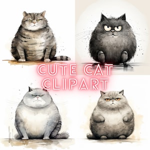 fat cat, cartoon, water color, black and white clipart