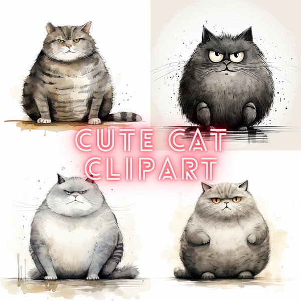 fat cat, cartoon, water color, black and white clipart