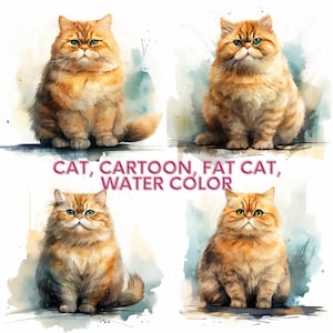 gato, dibujos animados, gato gordo, imágenes prediseñadas de color agua