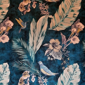 Velvet fabric, Bird velvet upholstery fabric / Boho velvet fabric / Blue velvet fabric 1 meter of fabric 150 cm wide image 1