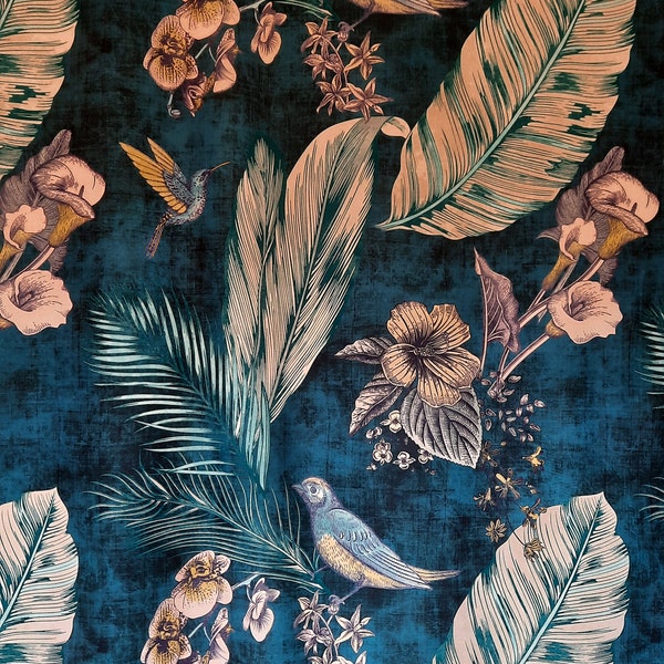 Velvet fabric, Bird velvet upholstery  fabric / Boho velvet fabric / Blue velvet fabric " -  1 meter of fabric 150 cm wide