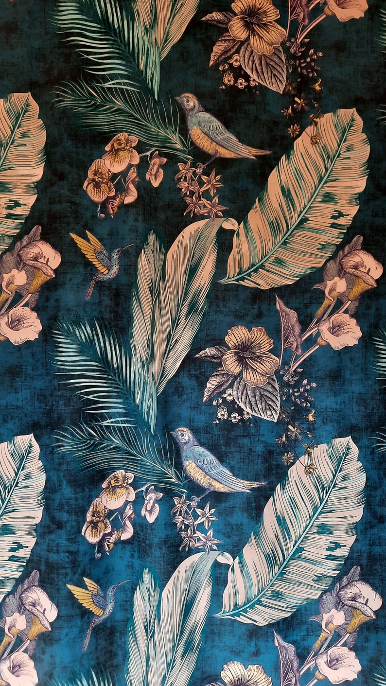 Velvet fabric, Bird velvet upholstery fabric / Boho velvet fabric / Blue velvet fabric 1 meter of fabric 150 cm wide image 1