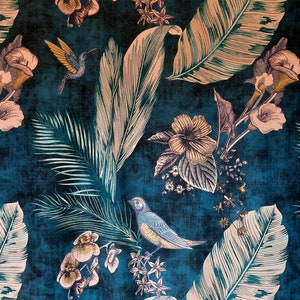 Velvet fabric, Bird velvet upholstery fabric / Boho velvet fabric / Blue velvet fabric 1 meter of fabric 150 cm wide image 6