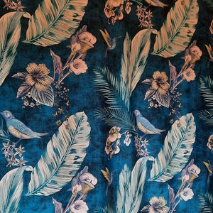 Velvet fabric, Bird velvet upholstery fabric / Boho velvet fabric / Blue velvet fabric 1 meter of fabric 150 cm wide image 5