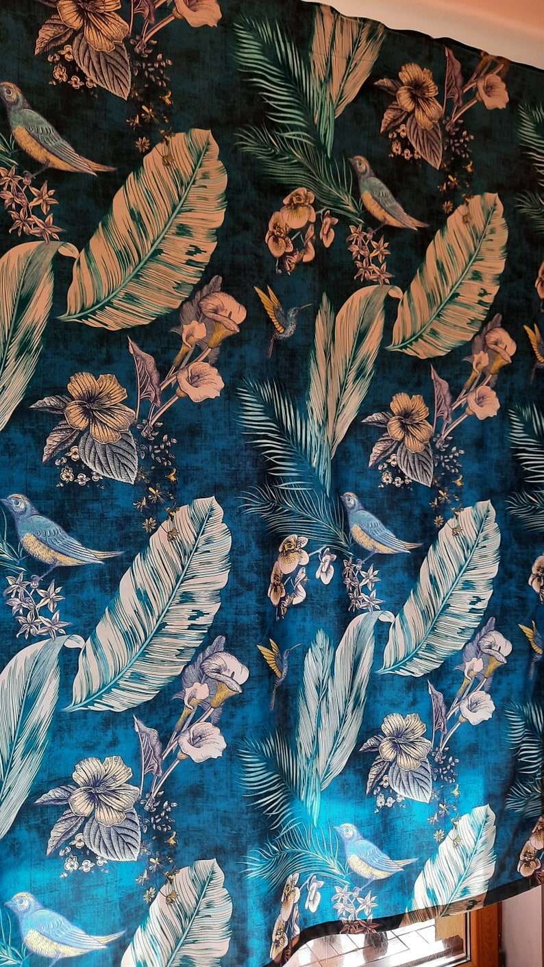 Velvet fabric, Bird velvet upholstery fabric / Boho velvet fabric / Blue velvet fabric 1 meter of fabric 150 cm wide image 5