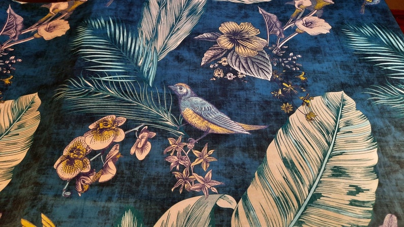 Velvet fabric, Bird velvet upholstery fabric / Boho velvet fabric / Blue velvet fabric 1 meter of fabric 150 cm wide image 4