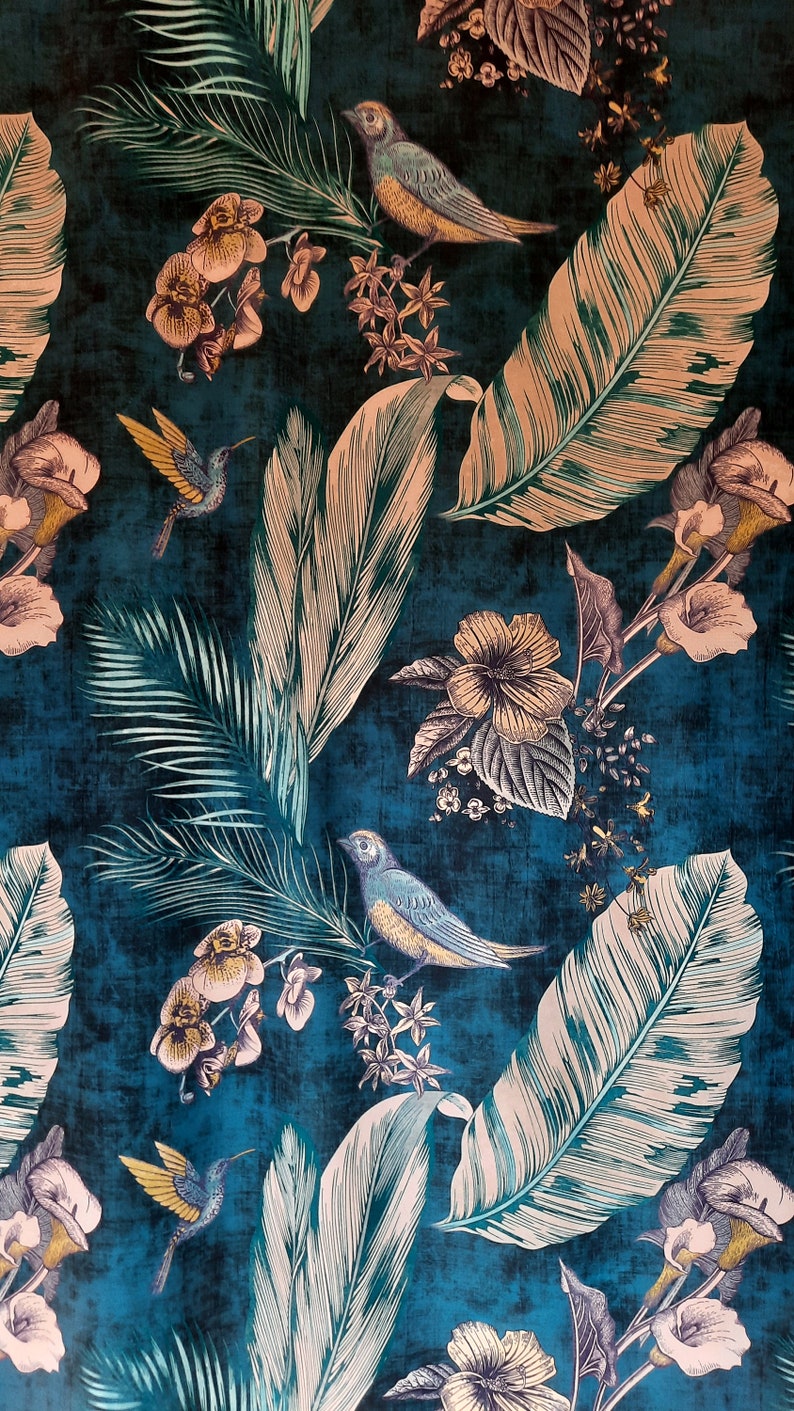 Velvet fabric, Bird velvet upholstery fabric / Boho velvet fabric / Blue velvet fabric 1 meter of fabric 150 cm wide image 2