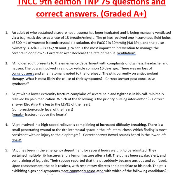 TNCC 9th edition TNP 75 questions and correct answers (Graded A+)