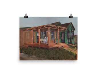 May include: A painting of a wooden cabin with a porch and rocking chair. The cabin is painted in shades of brown and green, and the porch is surrounded by green grass.