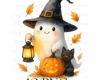 Watercolor Ghost Clipart | Kawaii Halloween PNG Bundle (10 Files)