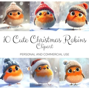 Lindos Robins de Natal, Pássaros de inverno festivos de desenho animado em chapéus aconchegantes, Download, Pacote de clipart, Impressões digitais instantâneas, Artesanato de Natal, Adesivos,