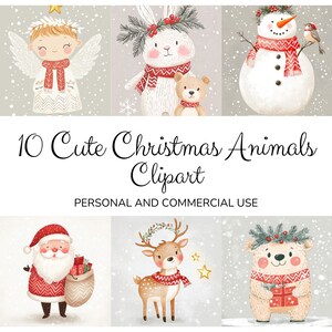 Leuke kerstdieren, feestelijke dieren in gezellige sjaals, jpg-download, clipartbundel, instant digitale prints vakantieambachten, stickers,