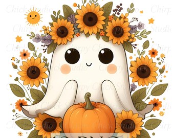 Schattige herfstspook clipartbundel, herfst bloemenspook png's, halloweenspook met bloemen en pompoenen, kawaii griezelige clipart, griezelige sublimatie