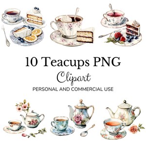 10 tazze da tè Clipart PNG, ClipArt in stile acquerello, stampabile, download immediato, lavoretti di carta, ClipArt per la creazione di biglietti, Clipart di diario spazzatura