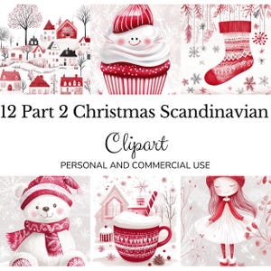 Download di stile scandinavo natalizio, grazioso pacchetto di clipart natalizie di arte popolare nordica da scaricare digitalmente, stampe digitali JPG, Hygge, artigianato accogliente