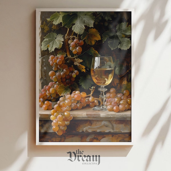 Vintage Red Grapes & Wine Oil Painting, Warm Wall Art, Fruity Prints, Antique Poster, Home Decor, PRINTABLE, 039
