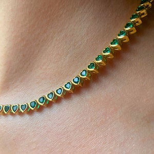 Tennis Necklace, Heart Tennis Necklace, Gold Tennis Necklace,  Green Zircon Gemstone Necklace, Heart shaped Tennis Necklace, Heart Necklace