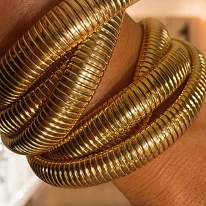Triple Tubogas Bracelet, Cobra Bracelet, Chunky Gold plated Bangle Bracelet,  Vintage Gold Bracelet, Statement Bracelet Stackable Bracelet
