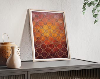 Póster floral vintage de azulejos marroquíes con marco de madera / Arte mural con una cálida puesta de sol