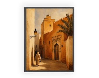 Moroccan Rabat Street Scene Poster with Wooden Frame | Desert Architecture Wall Art