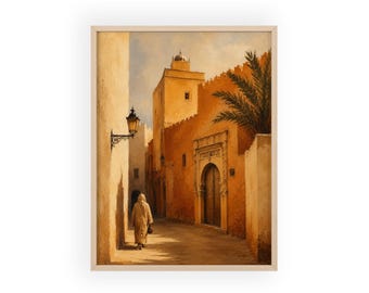 Póster con escena callejera de Rabat, Marruecos, con marco de madera / Arte mural de arquitectura del desierto