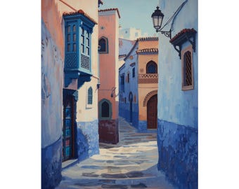 Lámina artística de Chefchaouen: Escena callejera de la ciudad azul marroquí, fotografía de viaje por el Mediterráneo (sin marco)