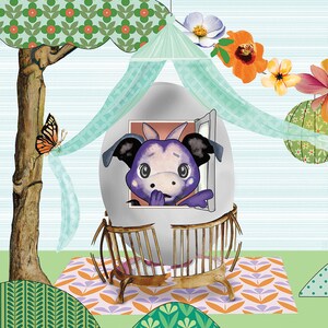 May include: A purple dragon with big eyes peeks out of a broken crib. The crib is surrounded by a light blue canopy and a patterned rug. There are flowers and a butterfly in the background.