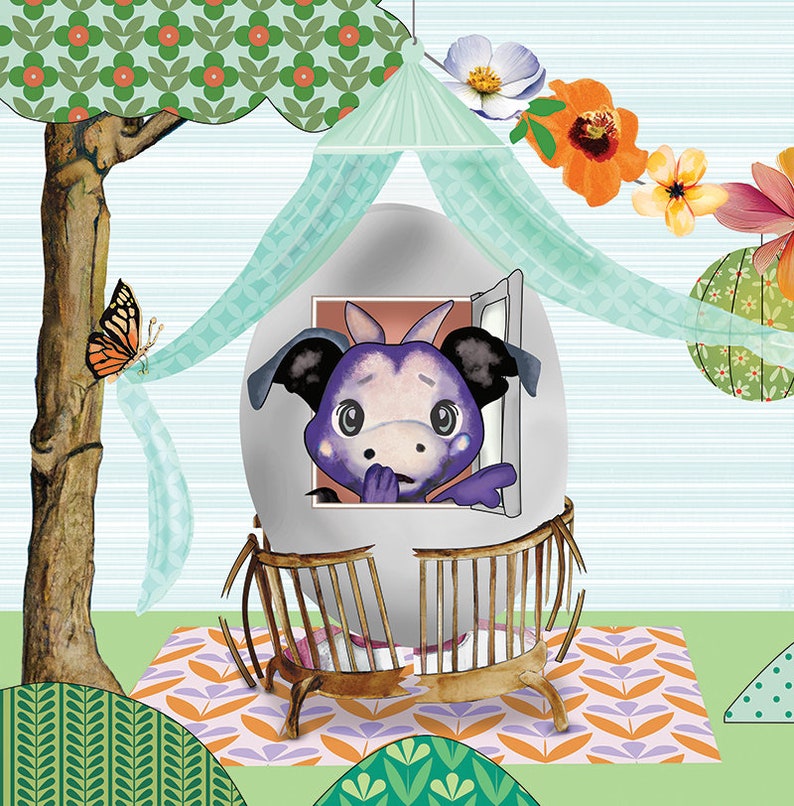 May include: A purple dragon with big eyes peeks out of a broken crib. The crib is surrounded by a light blue canopy and a patterned rug. There are flowers and a butterfly in the background.