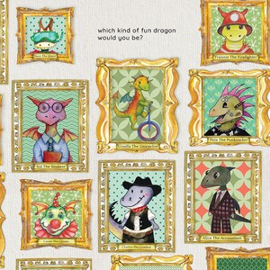 May include: A colorful illustration of 10 different dragon characters in gold frames. Each dragon has a unique personality and job title. The text reads "which kind of fun dragon would you be?"