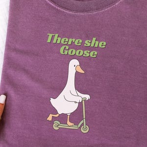 May include: A plum-colored t-shirt featuring a graphic of a white goose riding a light green scooter. Above the goose, the text reads "There she Goose" in light green lettering. The shirt has a crew neckline and a Comfort Colors brand label.