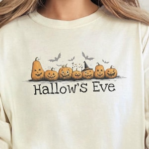 Comfort Colors Halloween Hallow and #39;s Eve Pumpkin Parade Shirt, Funny Spooky Season Tee, Whimsical Witch Hat and Bats, Pumpkin Witch image 1