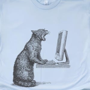 Angry Cat T-Shirt, Cat Vs Computer Tee, Vintage Engraving Art, Retro Computer Art image 1